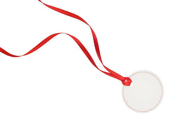 istock Blank white tag with with red border, red ribbon and red bow hanging isolated on white background with clipping path. Holiday Sale Concept. Design element. 2249973451