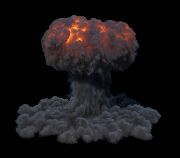 Isolated large mushroom-shaped cloud with a glowing fiery core of a Nuke explosion with ring of smoke spreading outwards on a black background