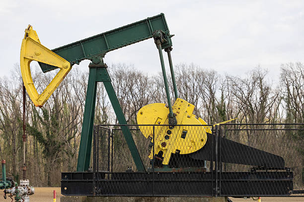 An oil pumpjack operating in a rural setting, surrounded by fields and forested areas. This image symbolizes energy extraction, technology in resource management, and the industrial impact on the natural environment.