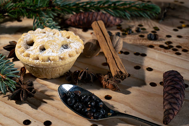 A traditional British mince pie features a golden pastry shell with a lattice top, filled with dark mincemeat and dusted with powdered sugar, placed centrally on a rustic wooden table. Surrounding the pie are aromatic holiday spices including whole cinnamon sticks, star anise pods, and a silver spoon holding dark juniper berries (Juniperus communis). Evergreen elements like fresh pine branches (Pinus species) and pine cones add a natural forest touch, evoking a cozy winter atmosphere. The composition highlights warm browns, greens, and reds against the textured wood surface, suggesting a festive holiday still life. Ideal for commercial use in recipe illustrations, Christmas baking articles, seasonal food advertisements, holiday menus, and editorial content for media companies focusing on culinary traditions and winter celebrations.