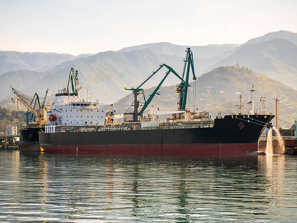 istock Cargo ship in industrial sea port with loading cranes. Maritime logistics, global trade, shipping infrastructure, import export, international freight transport 2249978589