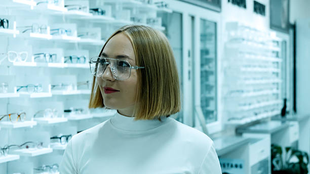 istock Young woman customer selects a pair of eyeglasses from a bright, modern display 2249979659