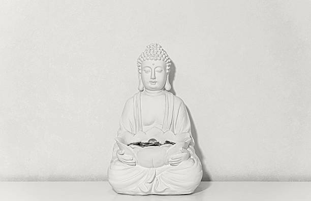 White Buddha statue holding coins in a lotus bowl on a clean minimalist white background, symbolizing zen, donation, savings, prosperity and spiritual wealth.