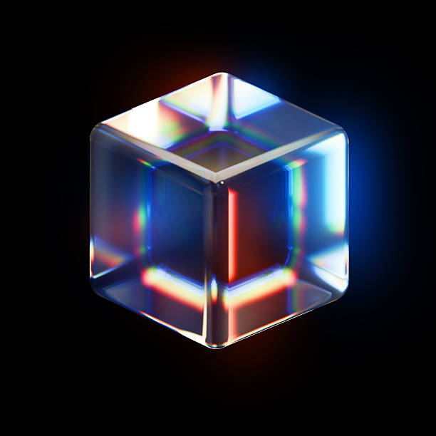 istock Glass Cube on black background. Beautiful refractions with chromatic aberrations and iridescent offsets 2249984035