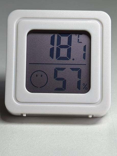 Minimal square display showing 18.1 and 57 humidity with comfort icon. Ideal for home, nursery, studio, or office climate control and air-quality tracking.
