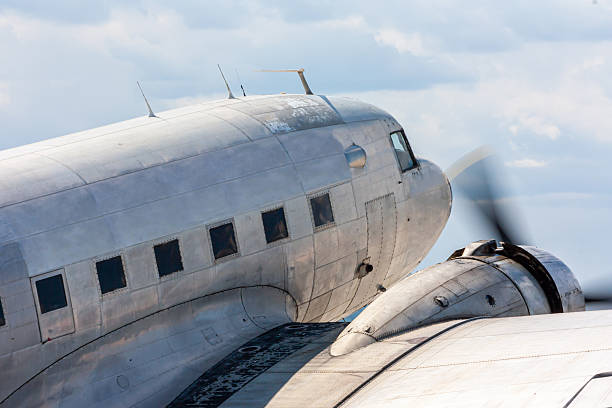 Close-up oldtimer piston-engined passenger airplane at the airport