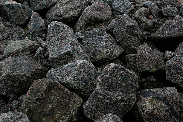 Field stones piled for landscaping with muted gray and earthy tones, coarse edges and varied sizes create rustic hardscape
