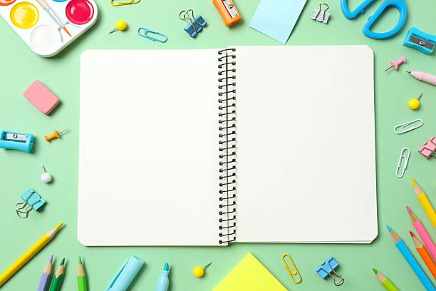 istock Flat lay with school stationery on color background, top view 2250007982