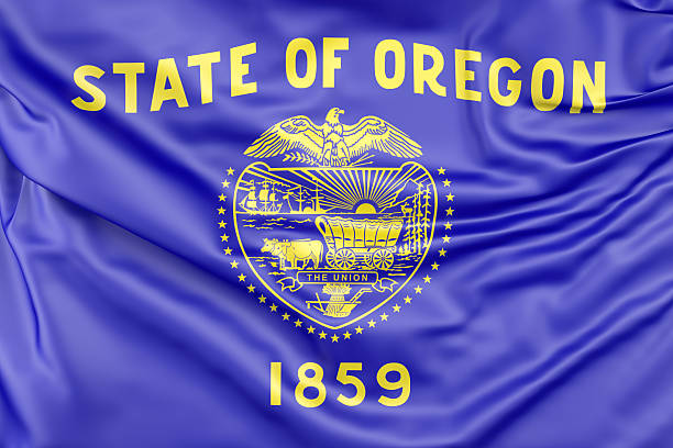 Close-up of ruffled Oregon flag, USA. 3D Rendering