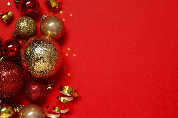 istock Red festive Christmas background with golden decorations, copy space composition 2250020372