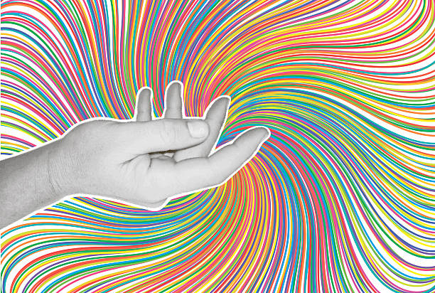 istock Illustration of a hand in halftone style against an abstract spiral background with numerous lines twisting toward a single focal point. 2250020585