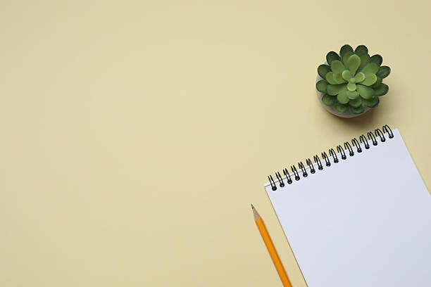 istock Top view of open notebook with a pencil on color background 2250020940