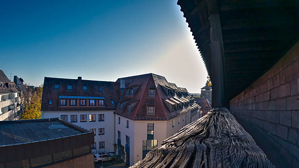 View of building facades with medieval Gothic architecture