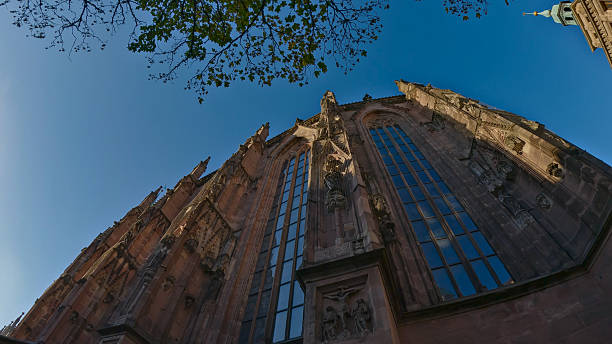 View of building facades with medieval Gothic architecture
