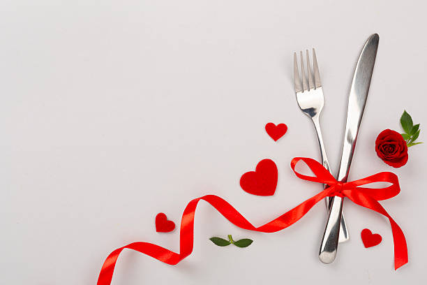istock Table setting for Valentine's Day on color background, top view 2250034799