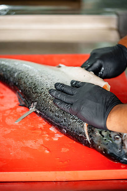 istock Salmon Filleting Process  Chef Cutting Fresh Salmon Fish for Cooking Preparation 2250044858