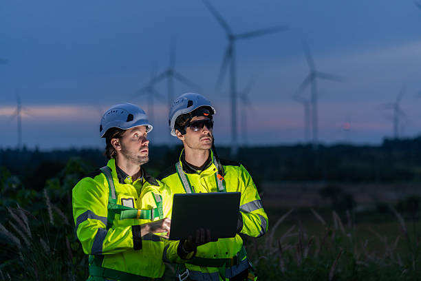 istock Energy engineers on farms during dusk can monitor data and computerized power generation systems to support sustainable clean energy development. 2250045503