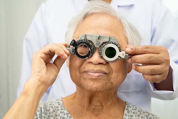 istock Asian senior woman wearing ophthalmic vision eye test and using optical trial frame. 2250052427