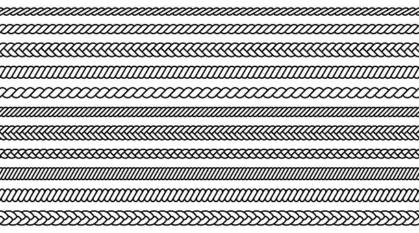 Rope line pattern. Knitted cord from braid. Nautical vintage cable. Stripes with ornaments for decorating designer templates.
