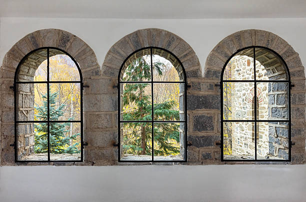 beautiful windows of the Rila Monastery in Bulgaria