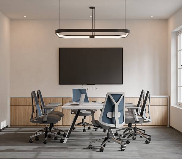 istock Modern Conference Room with Minimalist Furniture and Large Display Screen - 3d Render 2250068709