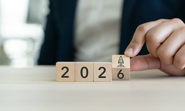 istock 2026 Innovation and Product Launch concept. Wooden blocks forming 2026 with a rocket icon. Creative ideas, innovation, new product launch, future growth and business acceleration for 2026. 2250072009