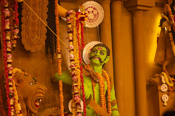 Subho mahalaya, An idol of devil mahishasur of goddess durga decorated in Pandal.