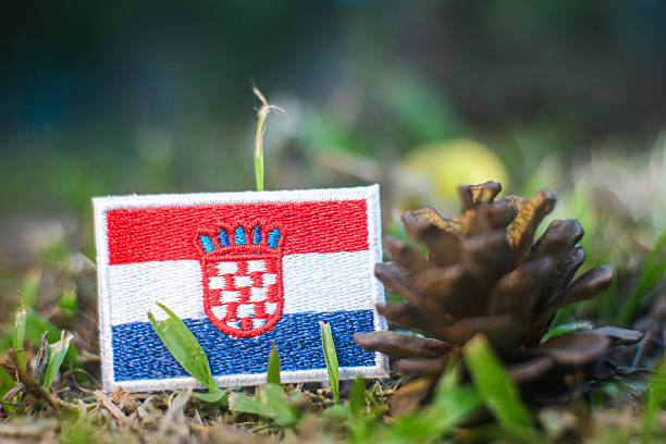 A Croatia flag patch rests on natural grass beside a pine cone, creating a symbolic scene of reforestation, renewal, and sustainability. The soft forest textures highlight themes of environmental protection, eco tourism, climate awareness, and the natural richness of Croatian landscapes. Ideal for global concepts involving regeneration, conservation, and future-focused green initiatives.