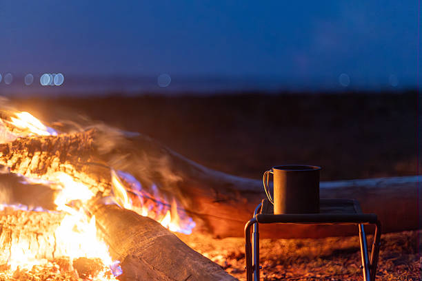 Camping trip by car, campfire in winter