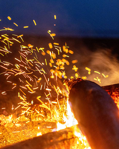 Camping trip by car, campfire in winter