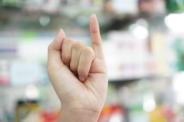Close-up image of a hand forming the American Sign Language (ASL) alphabet letter “I”, shown against a soft blurred indoor background. The gesture is part of the ASL finger-spelling system and represents communication, education, inclusivity, and nonverbal language.