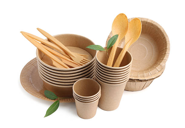 istock Set of disposable tableware and leaves isolated on white 2250081504