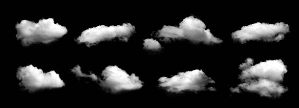 istock Realistic isolated cloud set on black background, perfect for sky replacement, and graphic design projects. High-resolution fluffy clouds with soft edges for photo compositing and effects. 2250082192