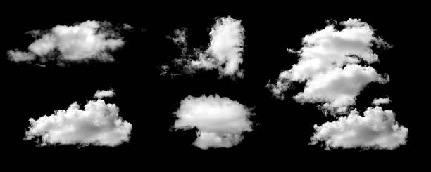 istock Realistic isolated cloud set on black background, perfect for sky replacement, and graphic design projects. High-resolution fluffy clouds with soft edges for photo compositing and effects. 2250083590