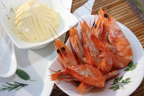 King prawns served with mayonnaise. Buffet meal.