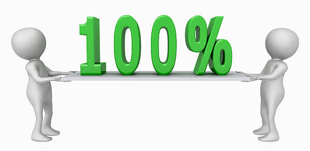 Computer generated 3D illustration with 3D figures and 100 percent symbol on a board isolated on white background