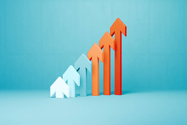 istock Orange And Blue Arrows Forming A Bar Graph On Blue Background 2250097399