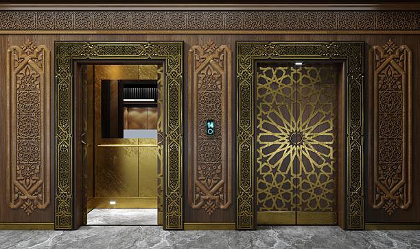 Exquisitely detailed elevator entrance with rich wooden panels and carved oriental patterns, featuring brass accents and an open golden cab. 3d illustration