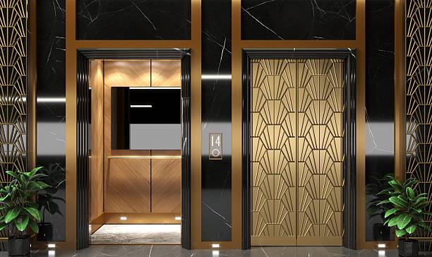 istock Ornate Oriental Style Elevator Doors with Intricate Wood Carvings 2250101183
