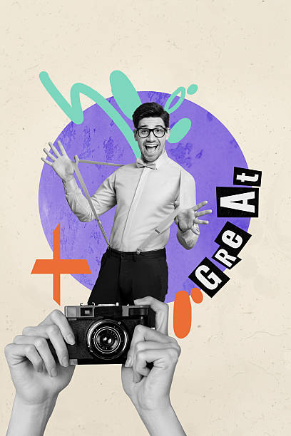 istock Vertical art 3d creative image collage of happy man stand hand hold retro camera shooting device cadre capture paparazzi content 2250104959