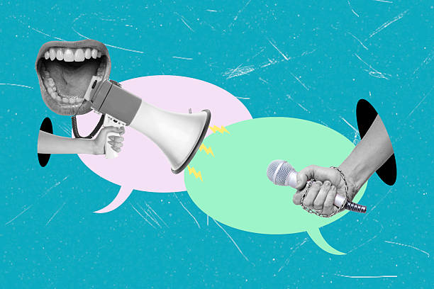 istock Art collage, Social media debate on public speaking techniques and their impact on communication styles 2250107365