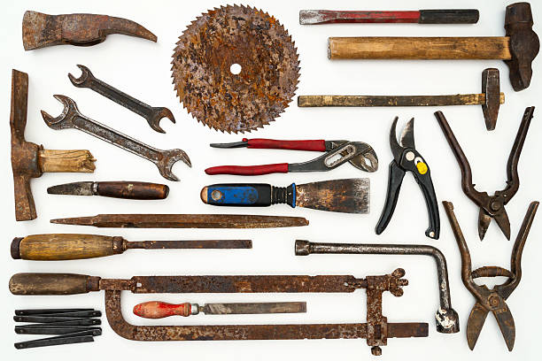 istock Flat lay of old hand tools on white background. 2250107488