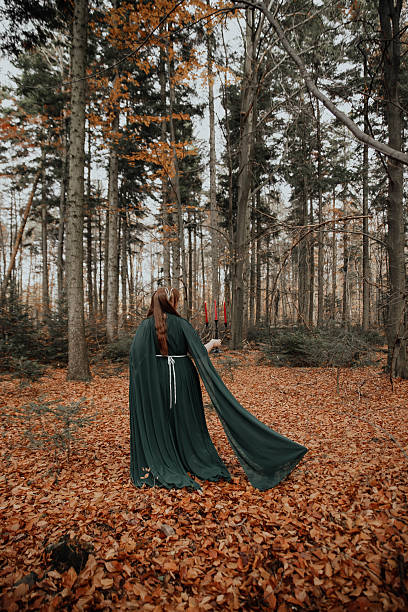 istock Woman in Cloak Standing on Leaf-Covered Path 2250109047