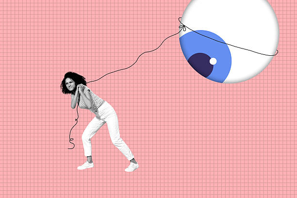 istock Template sketch image composite artwork collage of depressed young lady walk hold rope eyeball effort escape watch focus vision control 2250111216