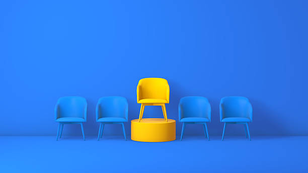 istock Yellow Chair on Podium Among Blue Chairs in Minimal Studio 2250117372