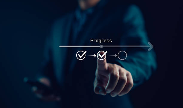 istock Businessman or manager touching on checklist to tick correct mark with progressive loading status to remind work task progressive for project develop management and tracking concept. 2250120161