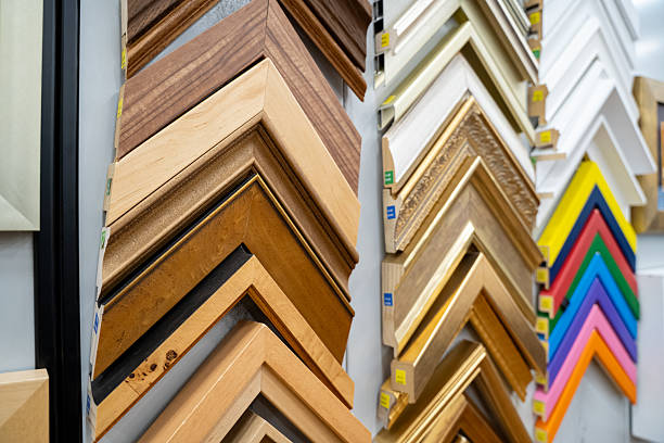 Close up of assorted picture frame corners in store display.