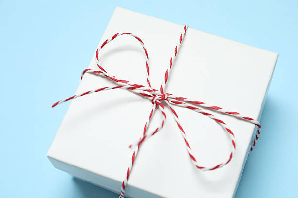 Beautiful gift box tied with bow and decorations on blue background