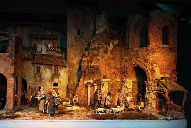 Christmas Manger scene with figurines including Jesus, Mary, Joseph, angels