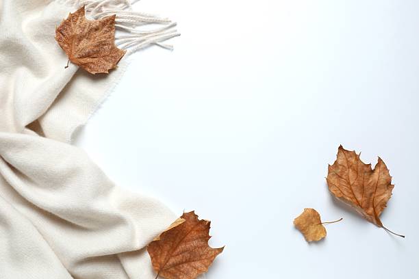 istock Autumn leaves and beige scarf on white background 2250135791